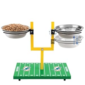 NFL Miami Dolphins Goalpost Football Field Dog Feeder – Adjustable Elevated Dog Bowls with Stand, 2 Stainless Steel Bowls, Non-Slip Rubber Feet, Raised Pet Feeder for Large & Small Dogs, Cats.