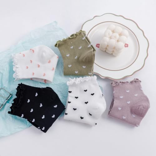 Image of Women's Cute Ruffle Socks Cotton Crew Frilly Ankle Heart Sock For Girls Valentines Gifts 5Pack /All Heart