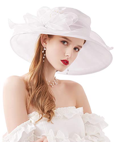 Z&X Organza Church Fascinator Derby Hats for Women Flower Wedding Tea Party Hat Wide Brim Sun Hat 023B White