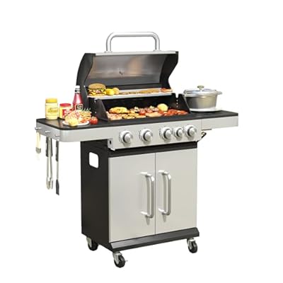 DIFY 4-Burner Propane Gas BBQ Grill with Side Burner and Porcelain-Enameled Cast Iron Grates, 46500 BTU Output Stainless Steel Grill for Outdoor Cooking Kitchen & Patio Backyard Barbecue, Silver