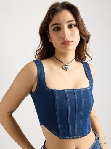 Image of Shasmi Girl's and Women's Blue Denim Crop Top, Square Neck, Sleeveless Corset Style Women Western Cotton Denim Bustier Vest Crop Top | Bralette Blouse | Sleeveless (Denim Top 158)