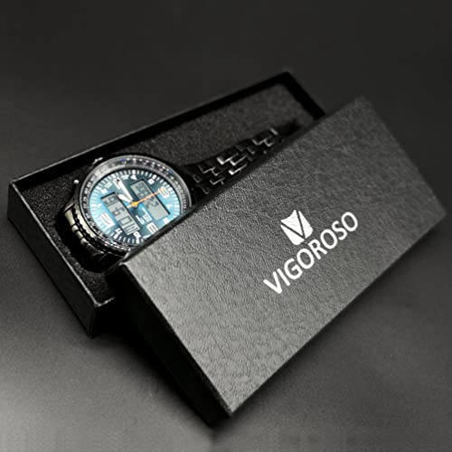 VIGOROSO Men's LED Analog Digital Watch Men Date Week Sports All Black Steel Mens Watch for Men2