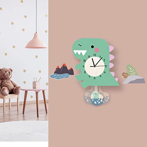 Treelf Cartoon Wall Clock Child Silent Hanging Clock With Pendulum For Kids Rooms,Perfect Room & Wall Decor For School Classrooms, Playrooms And Kids Bedrooms As A Gift For Boys And Girls (Dinosaur) #TOP4