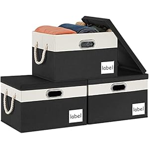 ASXSONN Large Storage Bins with Lids, Fabric Storage Bins with Label & 3 Handles, Foldable Storage Boxes with Lids, Storage Baskets with Lids for Organizing Home Office (15″x11″x9.6″, Black&White, 3 Pack)