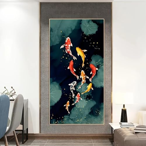 Peinture sur toile abstraite poisson Koi pour habiller un grand mur de salon vide 80x160 - 4