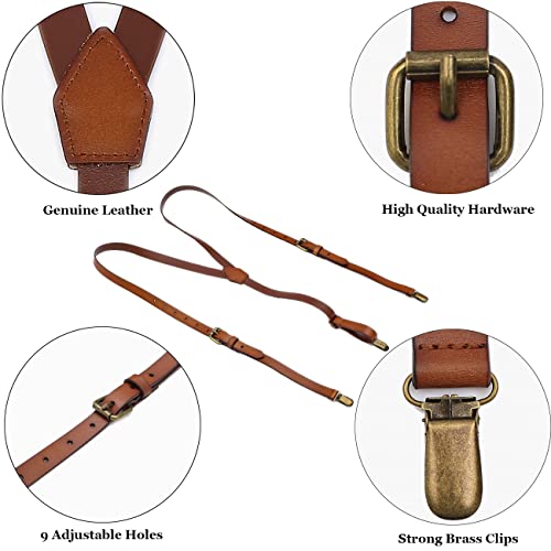 Image of EURYNOME Leather Suspenders For Men, Brown Genuine Leather Suspenders Groomsmen Gifts