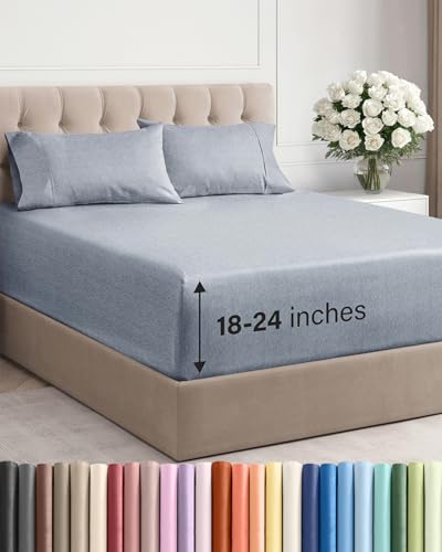 Image of Extra Deep Twin Sheet Set - 4 Piece Breathable and Cooling Sheets - Hotel Luxury Bedding for Women, Men, Kids & Teens - Easy & Secure Fit - Soft and Wrinkle Free - Extra Deep Pockets - Heathered Blue