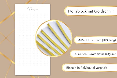 Dany Marcus Notizblock mit Goldschnitt, To-Do-Liste, Einkaufsliste, Notizzettel mit Gold, DIN Lang, 100x210mm, 80 Blatt, Leimbindung oben