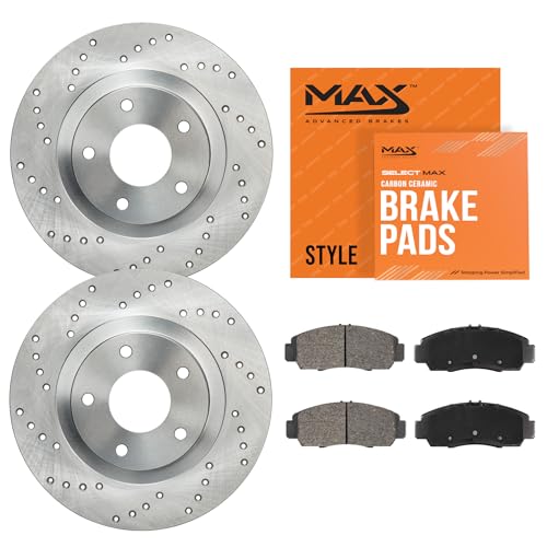 Image of Max Advanced Brakes Front Brake Kit Compatible With 2021-2023 Chevy Express Compatible With GMC Savana 2500 3500 Replacement Cross Drilled Disc Brake Rotors and Ceramic Brake Pads
