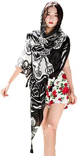 GUZOSJO Women's Boho Bohemian Soft Blanket Oversized Fringed Scarf Wraps Shawl Sheer Gift (Black Lotus)