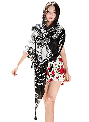 Guzosjo Women's Boho Bohemian Soft Blanket Oversized Fringed Scarf Wraps Shawl Sheer Gift (Black Lotus) #TOP2