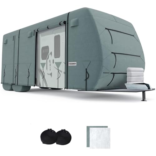 KING BIRD RV Cover, 5-Layer Heavy Duty Snow Protection, Fits 35-38ft Travel Trailers Campers, with Adhesive Repair Patches,Windproof Straps&Tire Covers