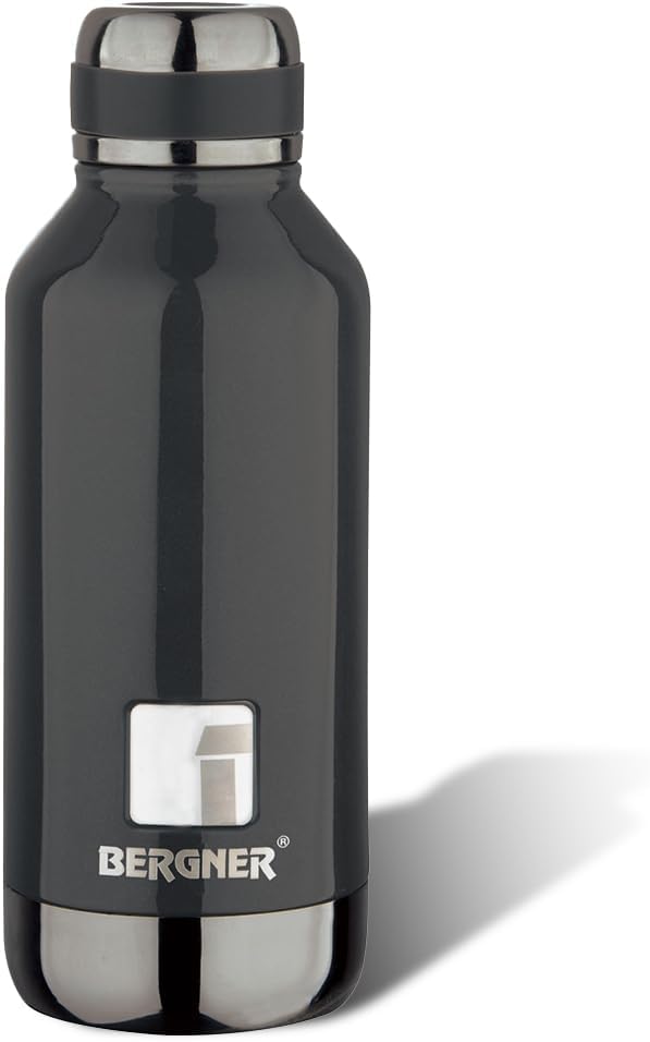 Bergner Walking 1000 ml Thermo Steel Bottle/Flask, Hot/Cold, Vacuum Insulated, For Water/Coffee/Tea/Soup/Juice, Use in Office/Commute/Sports/Travel, Screw On Top Lid, Metallic Ebony/Black, Rust/Leak Proof