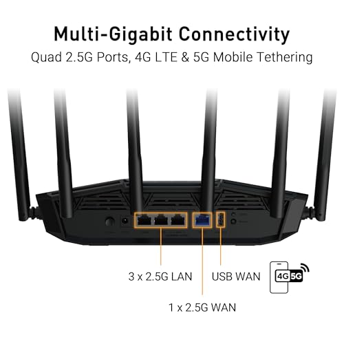 Image of ASUS TUF Gaming BE6500 WiFi 7 Router - Dual-Band, Up to 6.5 Gbps Wireless, Game Accelerator, Multi-Link Operation (MLO), (x4) 2.5GbE Ports, Mesh + VPN Compatible, & Subscription-Free Network Security