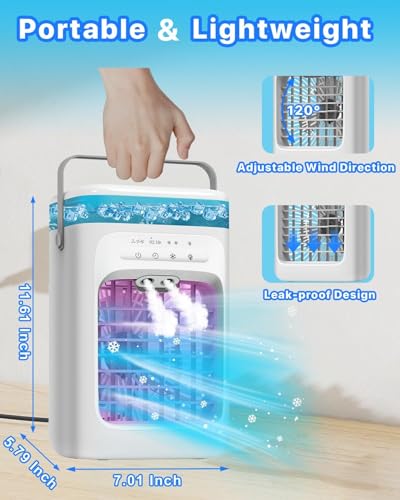 Portable Air Conditioner, 4-in-1 Evaporative Air Cooler, Personal Cooling Fan with 3 Speeds, 2 Mist Modes, 7 LED Night Light, 2-4H Timer, Quiet Mini Air Cooler for Bedroom Office C image 7