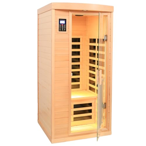 Kanlanth 1 Person Low EMF FAR Infrared Sauna, Canadian Hemlock Home Saunas, 6 Heating Panels Personal Sauna Room,1460watt Indoor Saunas with LED Reading Lamp, LCD Display-Control, Bluetooth Speakers