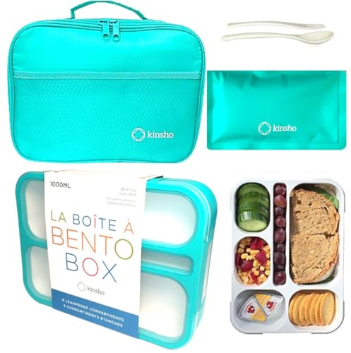 Bento Box Lunch-Box with Bag and Ice Pack, Insulated Lunch Bag and Snack Container Set for Kids Boys Girls Adults. 6 Compartments, Divided Portion Containers, Boxes for School Lunches, Teal