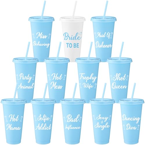 Yungyan 12 Pcs Bachelorette Cups for Party 24 oz Bridesmaid Cups with Lids and Straws Funny Bachelorette Party Supplies Bride to Be Tumbler Wedding Bachelorette Bag Fillers (Blue)