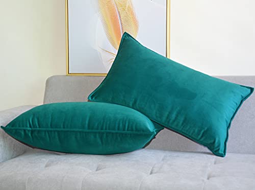 Lutanky Peacock Green Velvet Cushion Covers 30 x 50 cm Decorative Rectangle Throw Pillow Covers (Pack of 2) Soft Oblong Piped Pillowcases for Sofa Bedroom with Invisible Zipper 12x20 Inch - Image 2