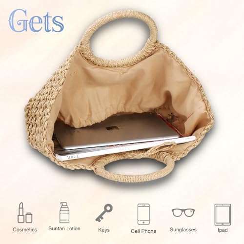 Handwoven Rattan Top-handle Bag for Women Bohemian Round Straw Tote Bag Beach Large Carrying Handbag (Khaki) - Thumbnail 5