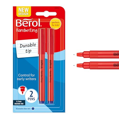 Berol Handwriting Pens | Round Shape is Easy to Hold | Washable Blue Ink | Bright Barrels | 2 Count