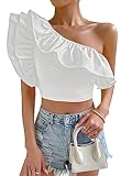 Floerns Women's One Shoulder Tiered Layered Butterfly Sleeve Ruffle Crop Top White M