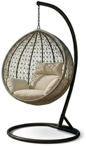 Hanging Egg Chair with Stand, Grey Rattan, Beige Cushions, Round Woven Basket, Indoor or Outdoor Lounger
