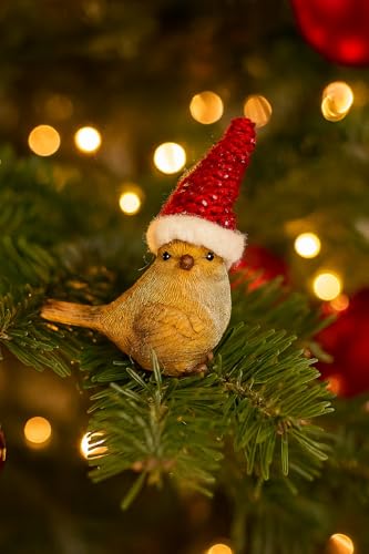 Marco Paul 9cm Christmas Robin Ornament – Hand Painted Resin Bird Xmas Decorations with Santa Hat – Robin Figurines For Christmas Bauble, Home Decoration, Large Xmas Tree Decorations & Garden Ornament