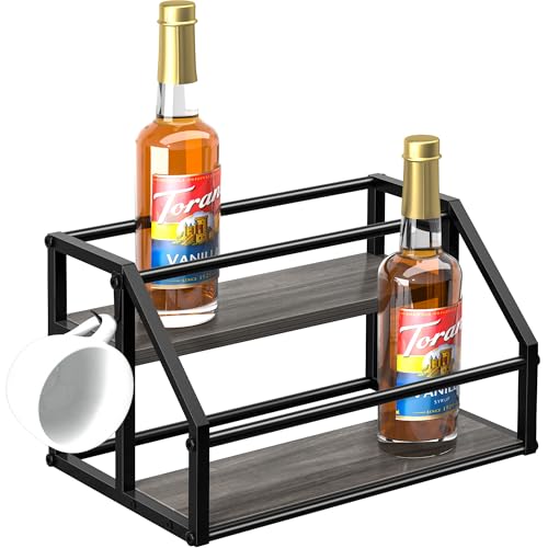 Homedawn Coffee Syrup Rack Organizer, Syrup Bottle Holder Stand for Coffee Bar, 2-Tier 8 Bottles Storage Shelves for Syrup, Wine, Dressing for Kitchen Countertop, Grey