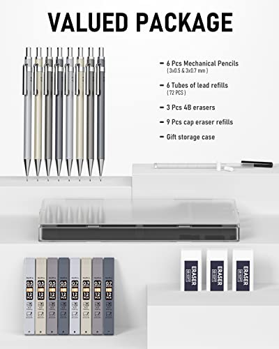 Nicpro 8Pcs 0.5Mm & 0.7Mm Metal Mechanical Pencils Set, Lead Drafting Pencil For Artist Writing, Sketching, Drawing With 8 Tubes Hb Lead Refills, 3Pcs 4B Erasers, 9Pcs Eraser Refills | Come With Case #TOP5