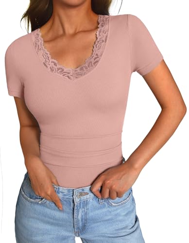 GKBK Short Sleeve Tops for Women Lace Trim V Neck T Shirts Casual Going Out Slim Fitted Tight Shirts Basic Tee Spring Clothes Summer Fashion Outfits 2026 Trendy Pink
