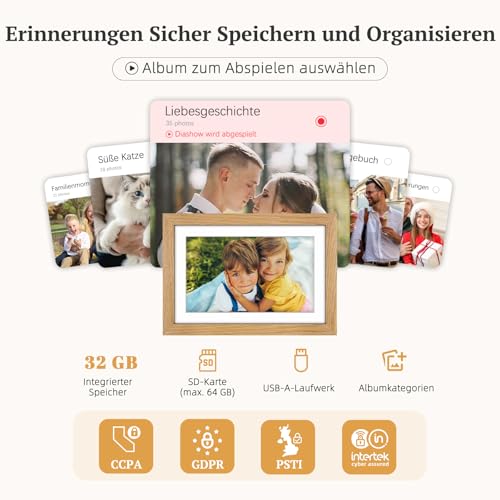 Digitaler Bilderrahmen Holz WLAN mit 32GB Speicher, 10.1 Zoll Elektronischer Bilderrahmen 1280*800 IPS Touchscreen, Fotos/Videos sofort über Frameo APP Teilen, Geschenke für Frauen Männer, Eichenholz