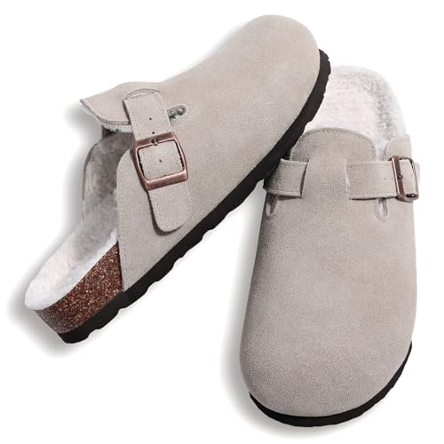 Image of KIDMI Women's Fur Lined Genuine Suede Clogs Fuzzy Cork Footbed Potato Shoes