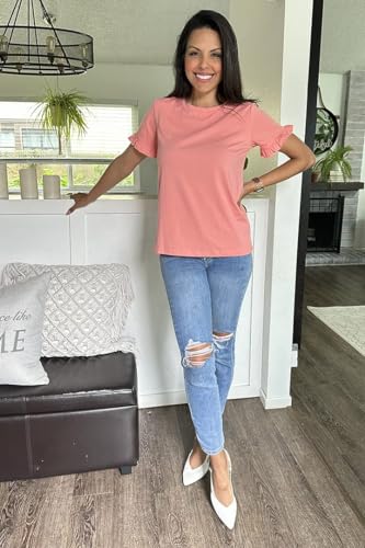 PRETTYGARDEN Women's Short Sleeve Casual T Shirts Summer Ruffle Plain Round Neck Loose Fit Tee Blouse Tops