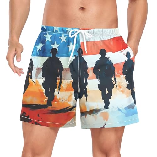 Mens Swim Trunks with Liner, Soilder American Flag Cool Quick Dry Beach Swim Shorts, Swimwear Bathing Suits S