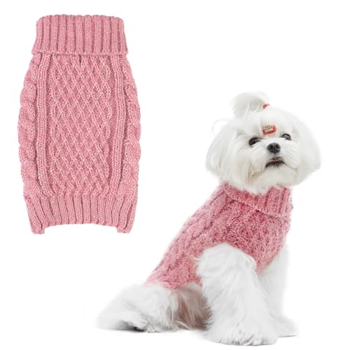 SCIROKKO Turtleneck Small Dog Sweaters - Classic Cable Knitwear Winter Coat for Small Medium Dogs Male Female Puppy Dog Cold Weather Clothes Girls Boys, Light Pink, XS