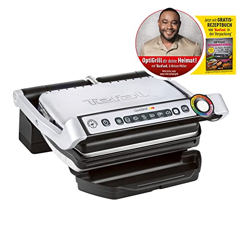 Tefal GC705D OptiGrill Kontaktgrill | inkl. Rezeptbuch | 6 intelligente Programme | passt Temperatur + Grillzyklus ans Grillgut an | spülmaschinenfeste Platten 600 cm² | Edelstahl/Schwarz | 30x20 cm