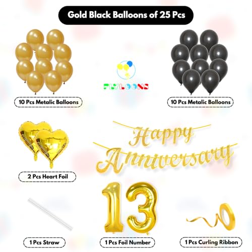 Image of Flyloons 13th Happy Anniversary Decoration Items Gold Black for Men Women Husband Wife Mom Dad Couple Home Bedroom Car With 20 Pcs Metallic Balloons Anniversary Banner 2 Pcs Heart Set Kit Golden