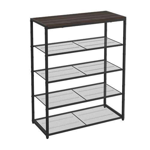 ClosetMaid-5-Tier-Shoe-Rack-Storage-Organizer-with-Wood-Top-Shelf-4-Metal-Mesh-Shelves-for-15-Pairs-of-Shoes-Modern-WalnutBlack ClosetMaid 5 Tier Shoe Rack Storage Organizer with Wood Top Shelf 4 Metal Mesh Shelves for 15 Pairs of Shoes Modern WalnutBlack