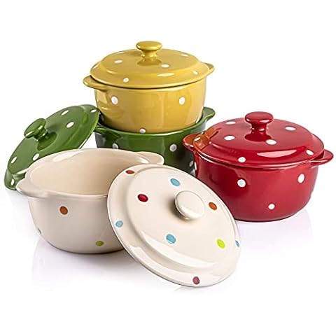 AVLA 4 Pack Porcelain Ramekins, 9 OZ Mini Casserole Bowl with Lid and Handle, Ceramic Souffle Soup Creme Brulee Bowls, Oven Safe, Mini Casserole Dish (Polka Dot, Assorted Color) Cover