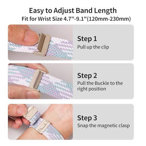 Image of 3 Pack Magnetic Braided Band for Samsung Galaxy Watch 9 8 40mm 44mm, Galaxy Watch8 Classic 46mm, One Click No Gap Elastic Stretchy Nylon Fabric Sport Strap for Women Men (Pink /Violet /Mint)