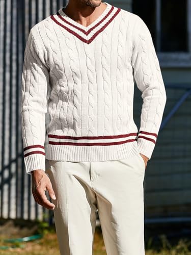 Makkrom Mens V Neck Pullover Sweaters Ribbed Knitted Cable Slim Fit Pullovers Top3