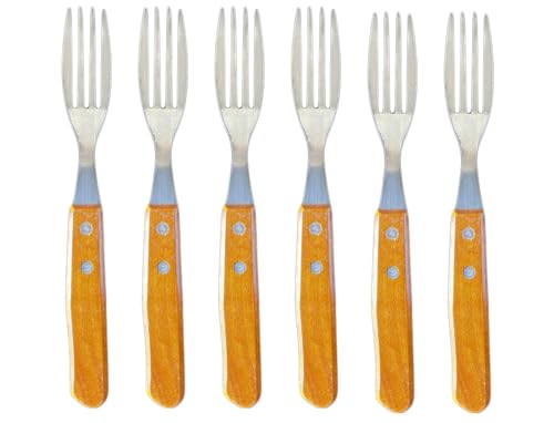 Lot de 6 fourchettes à steak avec manche en bois. Faciles à utiliser et à saisir. Quatre dents, spéciales pour la viande. Faciles à laver. Fabriquées en Espagne.