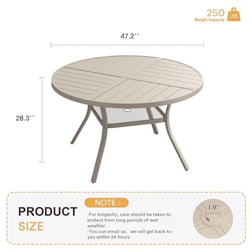 Image of VICLLAX Round Patio Table with Adjustable Umbrella Hole for 6, All Weather Metal Outdoor Dining Table for Lawn Garden, 47.2 inch Outdoor Coffee Table, Cream Color Frame