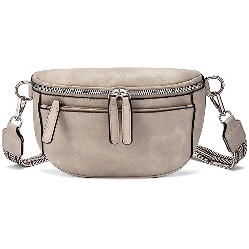 FIGESTIN Bauchtasche Damen, PU Leder Crossbody Bag Damen Breiter Gurt, Umhängetasche Damen Klein Verstellbarer Riemen Grau