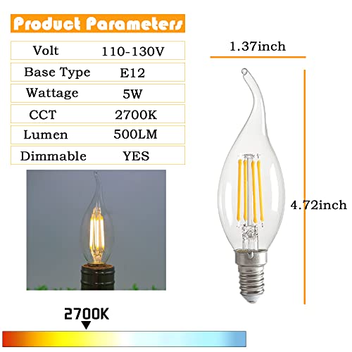 Geminilite Dimmable E12 Candelabra Bulb 60 Watt Equivalent, 2700K Warm White Chanderlier Light Bulbs Flame Tip, E12 5W 500Lm Ca11 Candle Light Bulbs, 8 Pack #TOP1