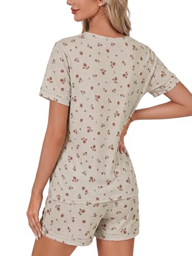 Image of LYANER Pajama Set for Women 2 Piece Lounge Set Striped Crew neck Short Sleeve Tops and Shorts Soft Sleepwear