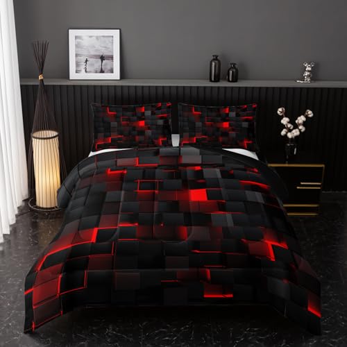 Image of Nttopship Neon Red Black Comforter Set Queen Geometric Kids Bedding Set,3 PCS Geometry Honeycomb Bed Set Modern Quilt Set 1 Comforter 2 Pillow Cases Cool Room Decor All Season B-Side Black