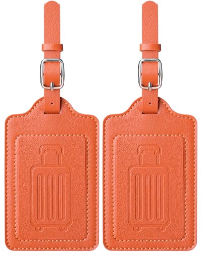 Teskyer 2 Pack Luggage Tags Luggage Tags for Suitcases Luggage Labels Microfiber Leather Strong Durable Noticeable Travel Tags Travel Accessories Orange