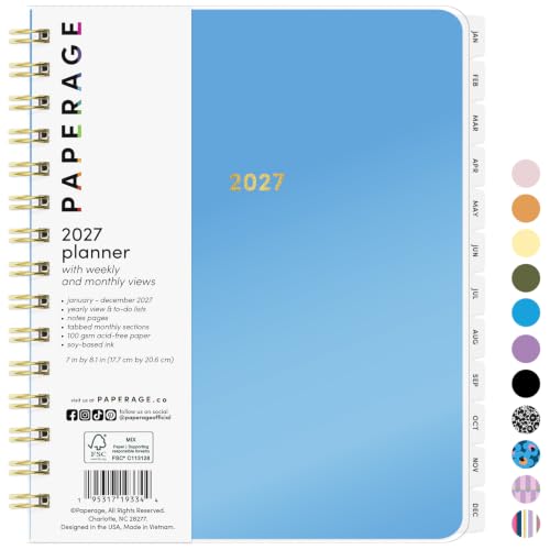 PAPERAGE 2027 Weekly & Monthly Planner, 12 Months (January 2027 - December 2027), 7 in x 8.1 in, Spiral Bound 2027 Planner with Weekly, Monthly & Yearly Views, Note Pages – Bright Blue